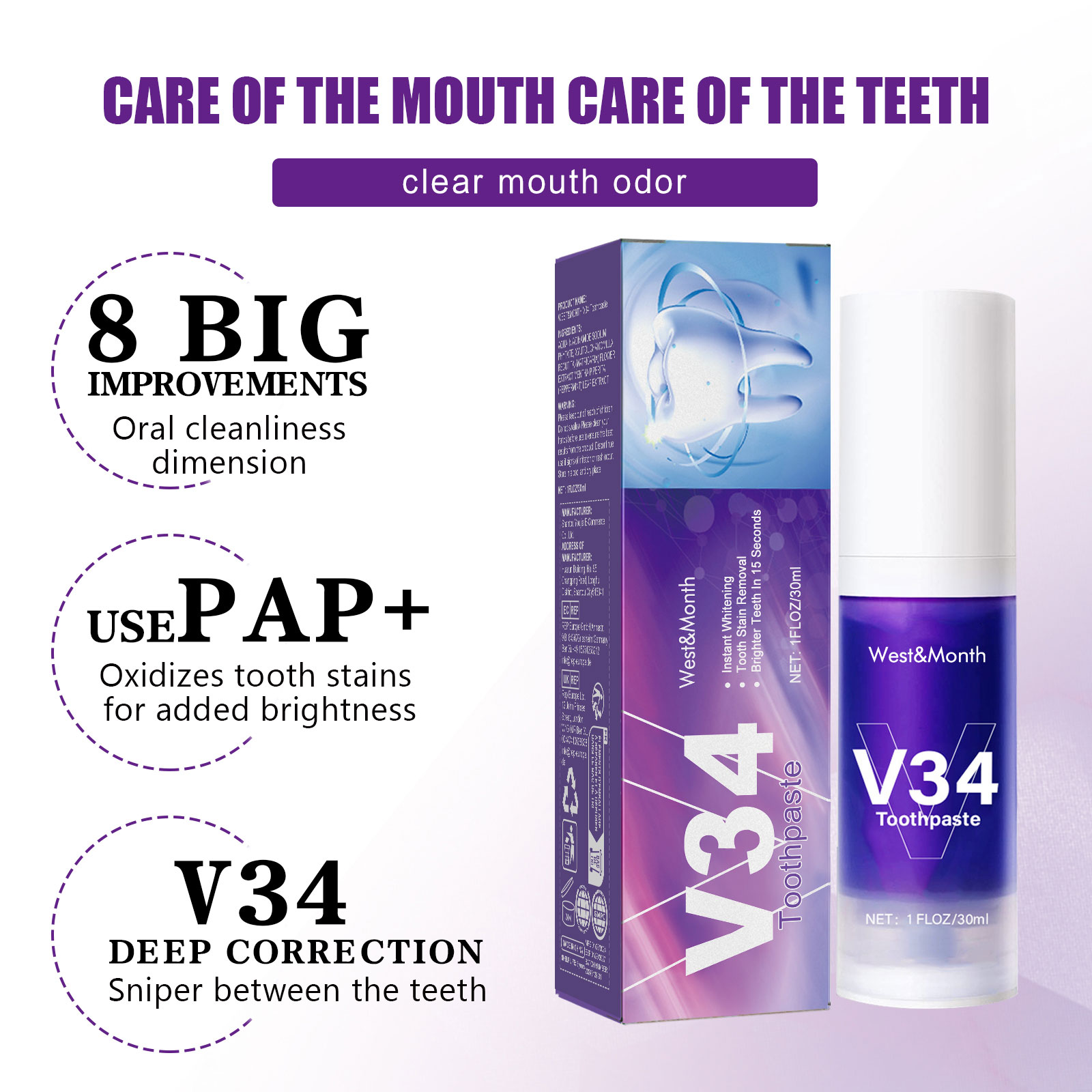V34 Purple Toothpaste Cleaning - đánh giá và giá Teeth Whitening Crest