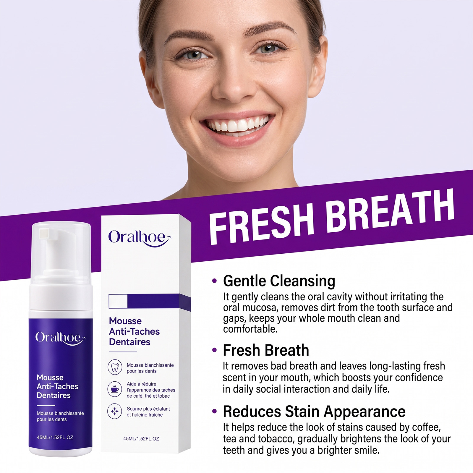 Purple Toothpaste Mousse Foam  - đánh giá và giá Teeth Whitening Foam